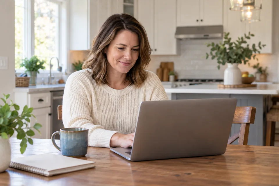 A small-business owner working comfortably at a laptop at home